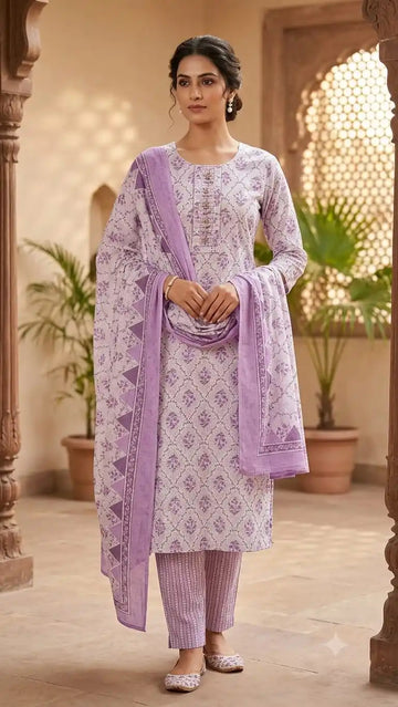 Lavender Floral Cotton Suit Set By ASC