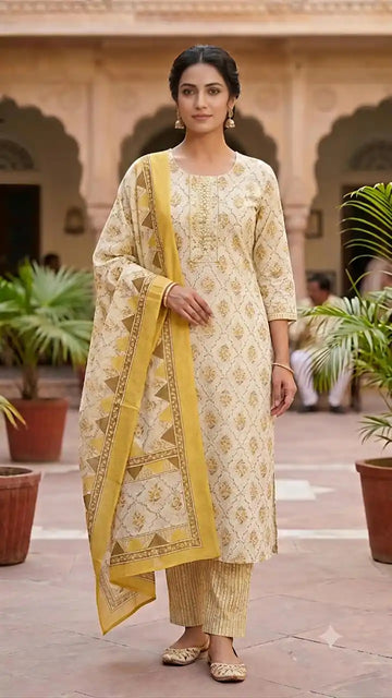 Yellow Floral Cotton Suit Set By ASC