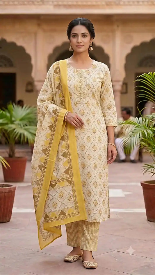 Yellow Floral Cotton Suit Set By ASC