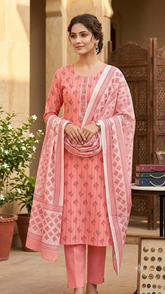 Pink floral printed cotton suit set