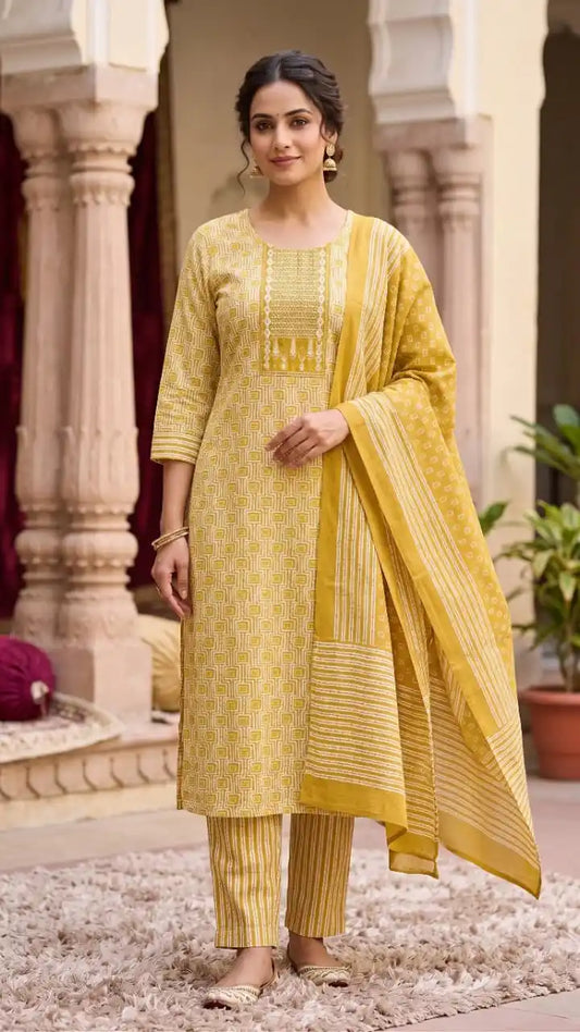 Mustard chevron print cotton suit set
