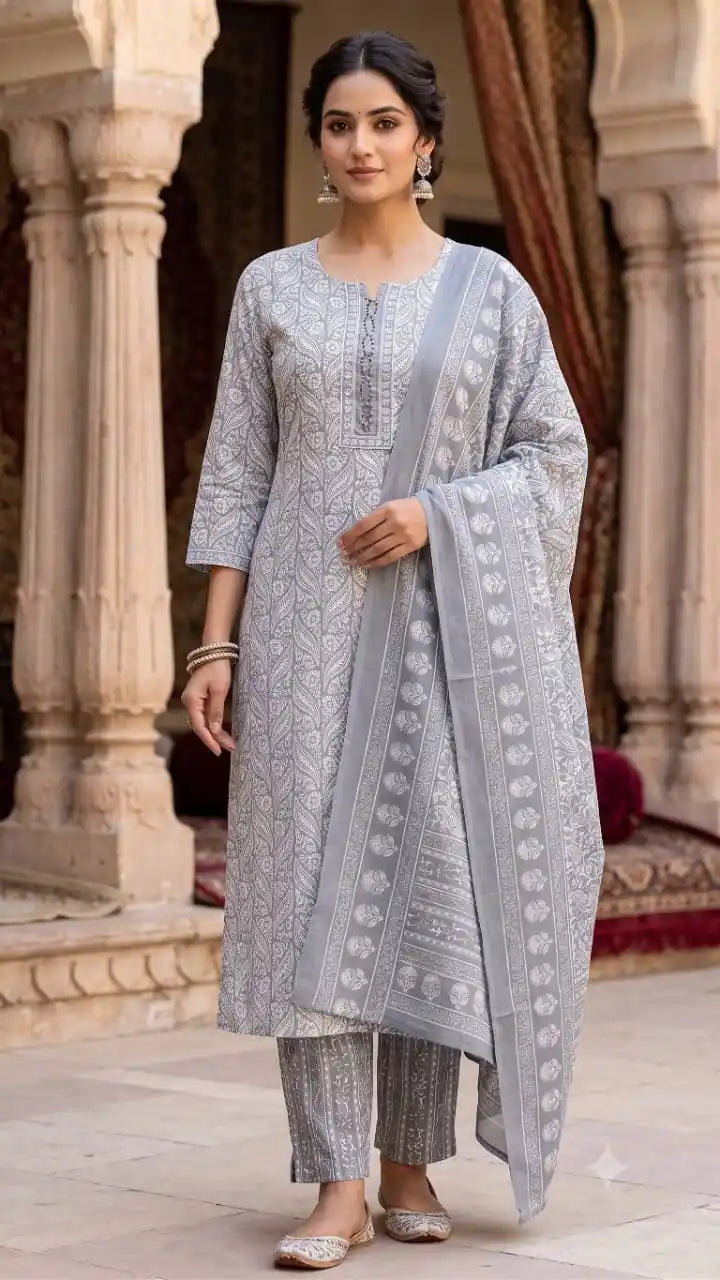 A woman models a light gray three-piece salwar kameez suit with intricate silver embroidery, matching trousers, and a coordinating dupatta in an outdoor courtyard setting.