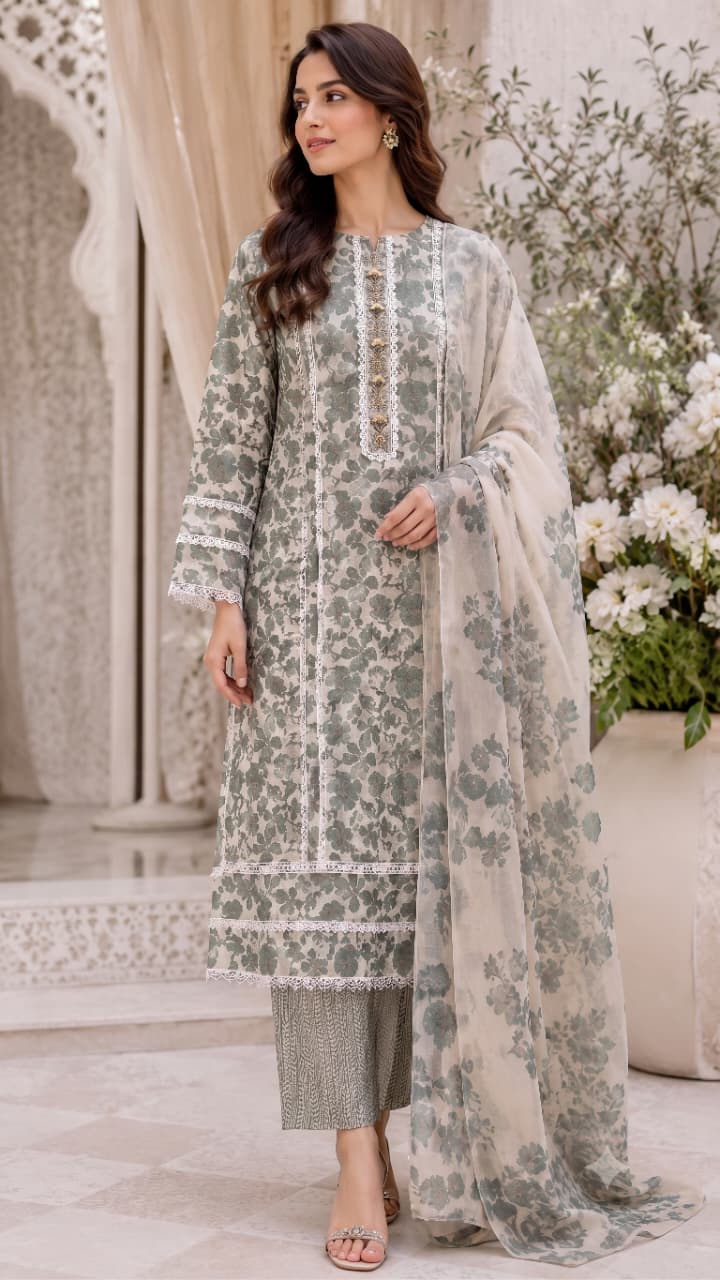 A woman models a traditional three-piece salwar kameez suit in sage green and white, featuring an embroidered long kurta, matching trousers, and a sheer printed dupatta.