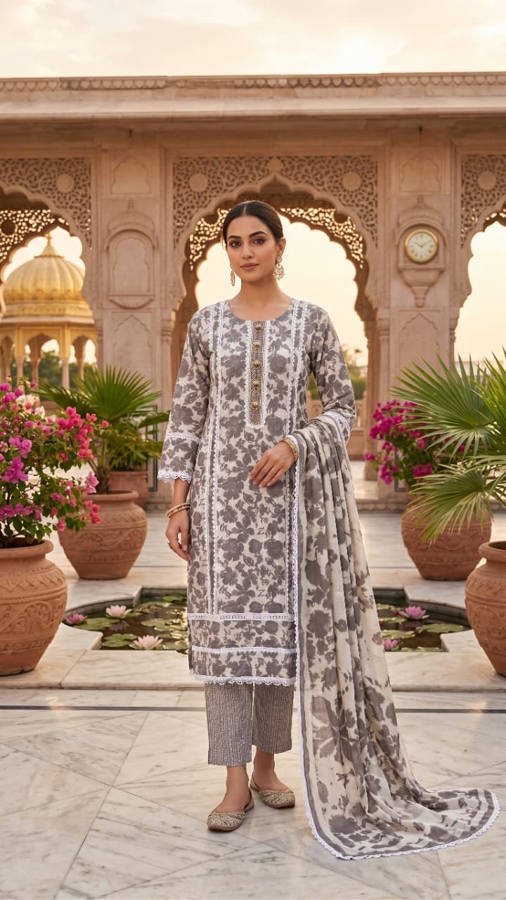 GREY floral print suit set with embroidered neckline