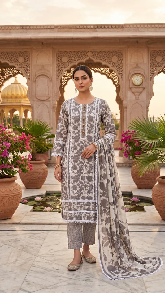 GREY floral print suit set with embroidered neckline