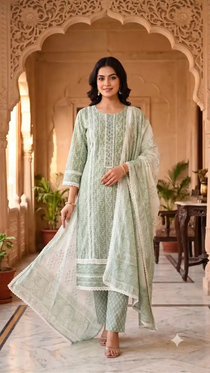 Graceful Mint green karachi suit with printed dupatta