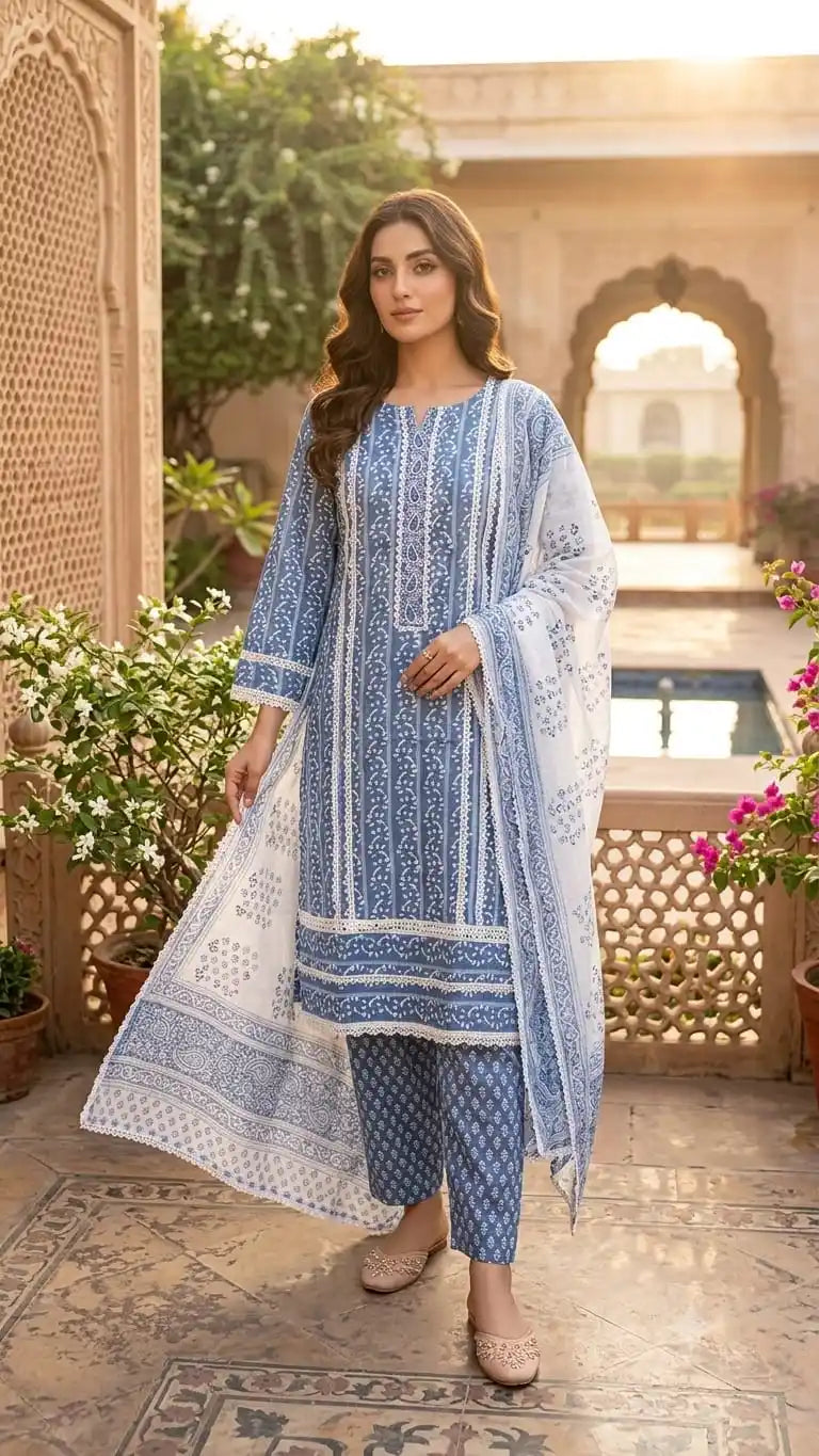 Sky blue with dew drop print karachi suit