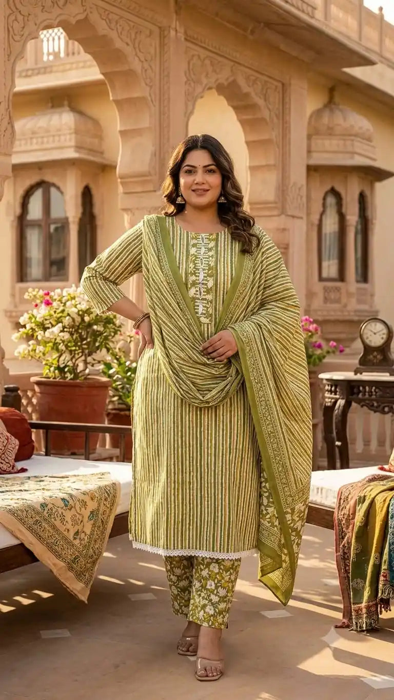 Mustard Green stripe printed straight cut suit
