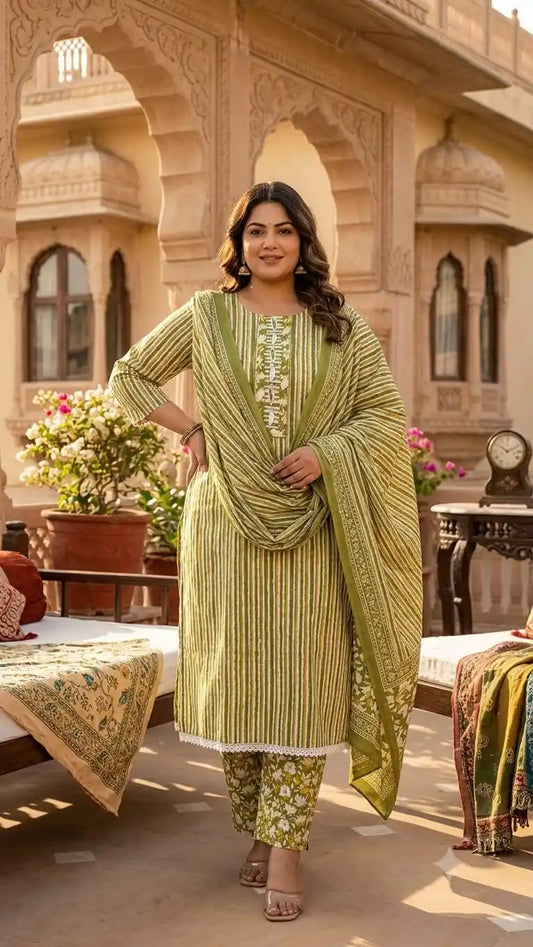Mustard Green stripe printed straight cut suit