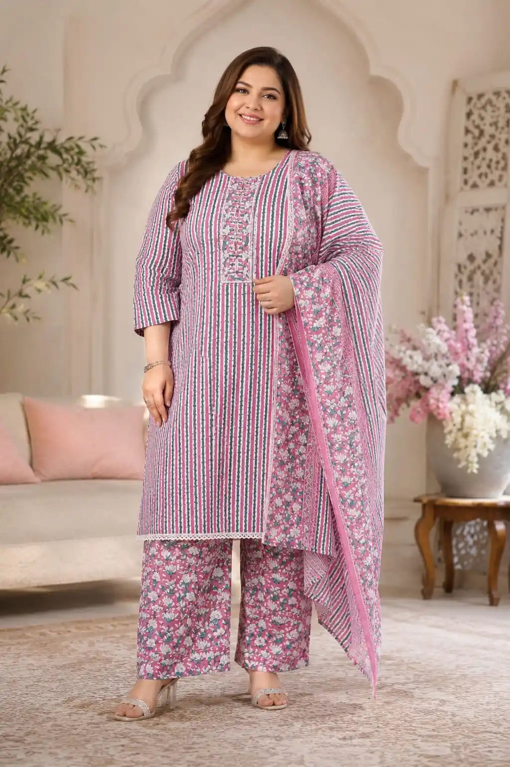 Pink Grey geometric print straight cut suit