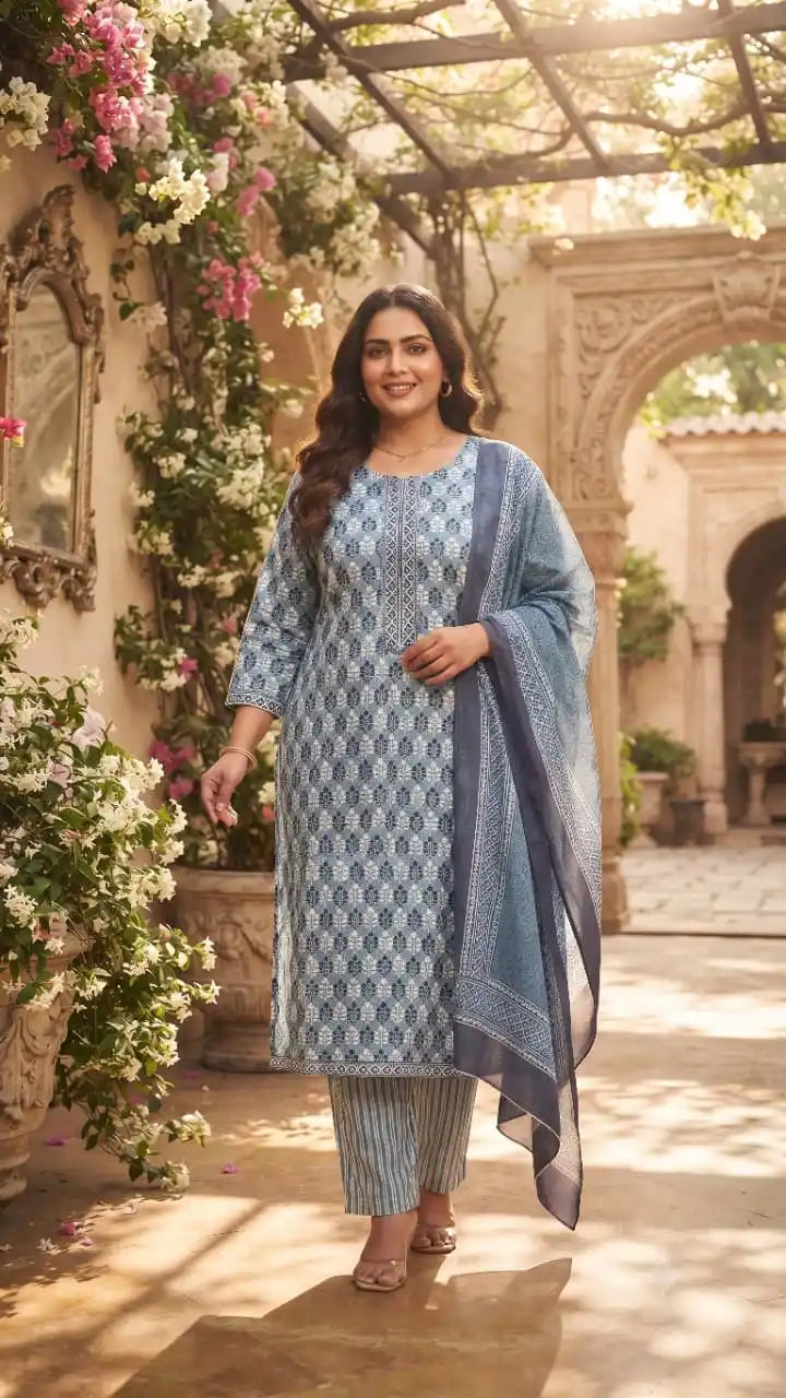 Indigo blue leaf block print cotton kurta set