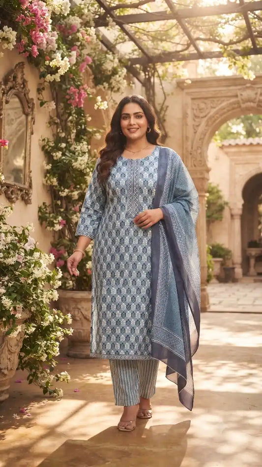 Indigo blue leaf block print cotton kurta set