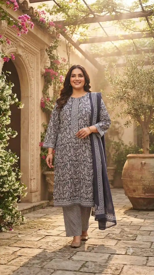 Kairi print kurta and dupatta with zig-zag bottom