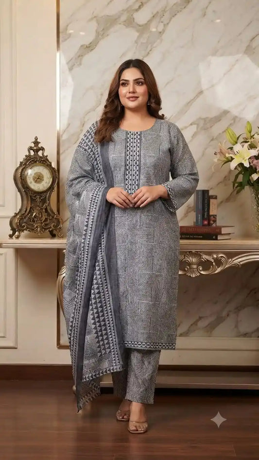 Abstract Textured Grey Kurta with Zig-Zag Pants and Dupatta