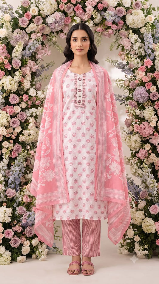Pink printed cotton straight pant set