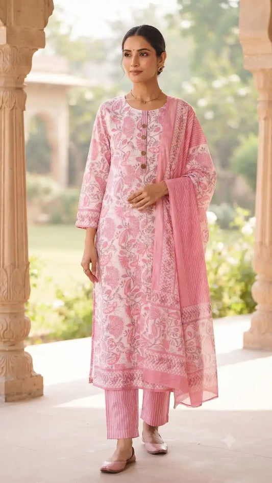 Pink floral printed cotton pant set