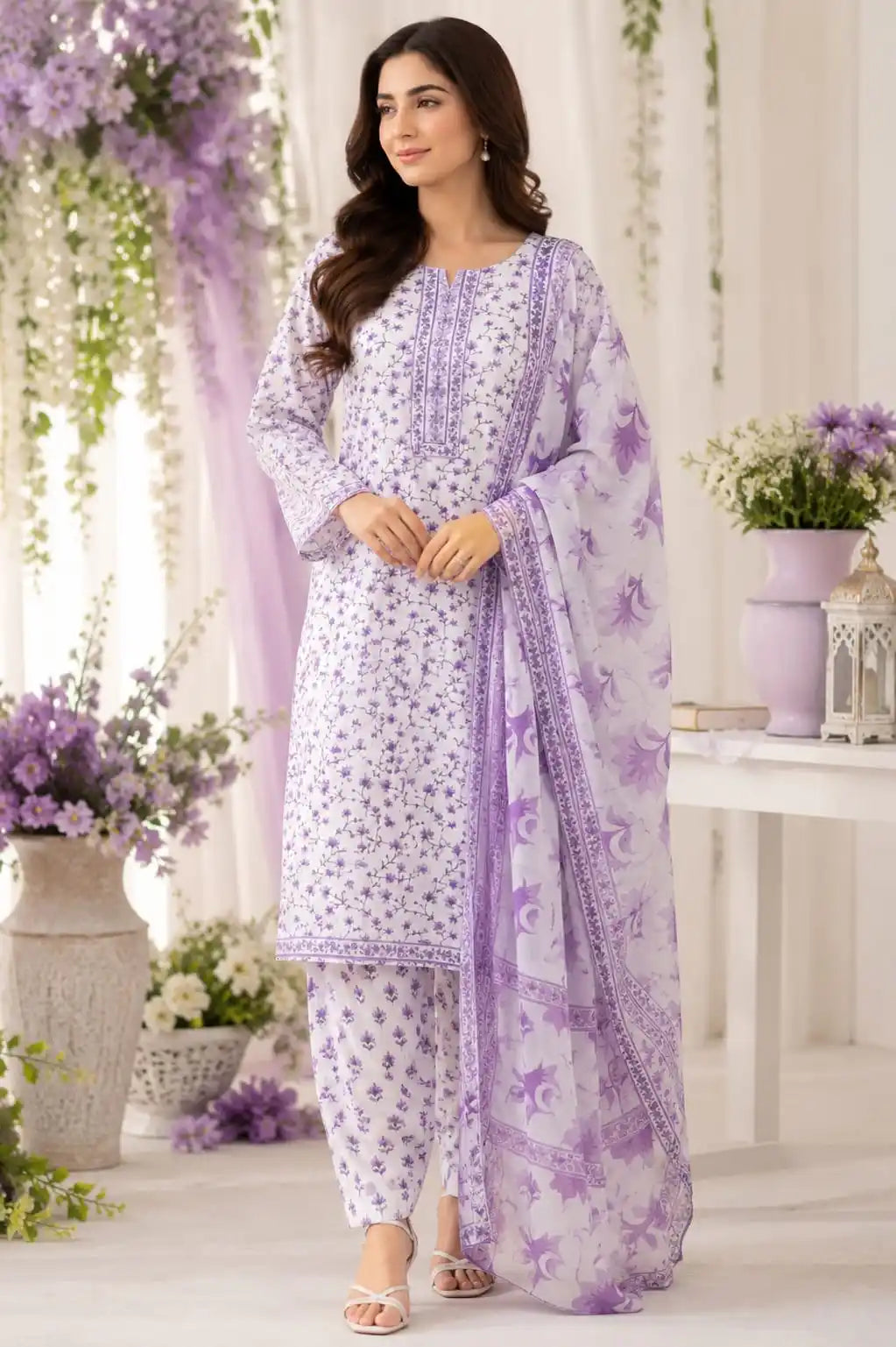 Lavender Floral cotton suit set by ASC