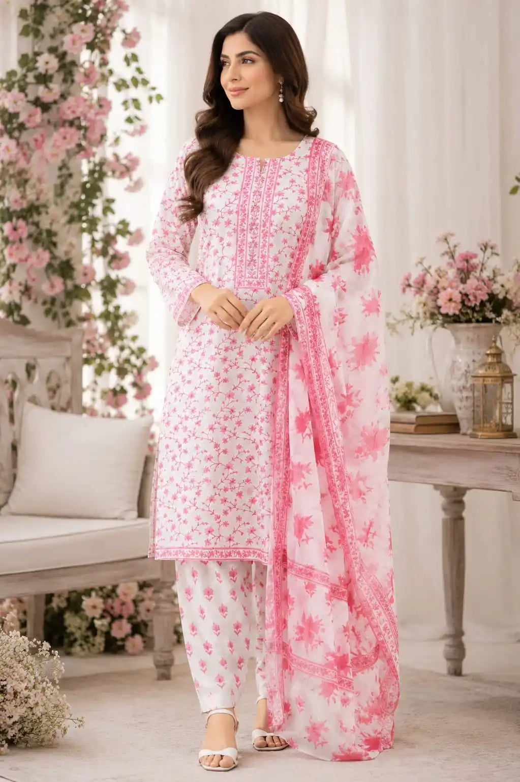 A woman models a traditional three-piece salwar kameez suit in pink and white. The set features a white kurta with pink floral prints and border embroidery, matching white pants with pink floral prints, and a sheer pink dupatta with a floral pattern and border.
