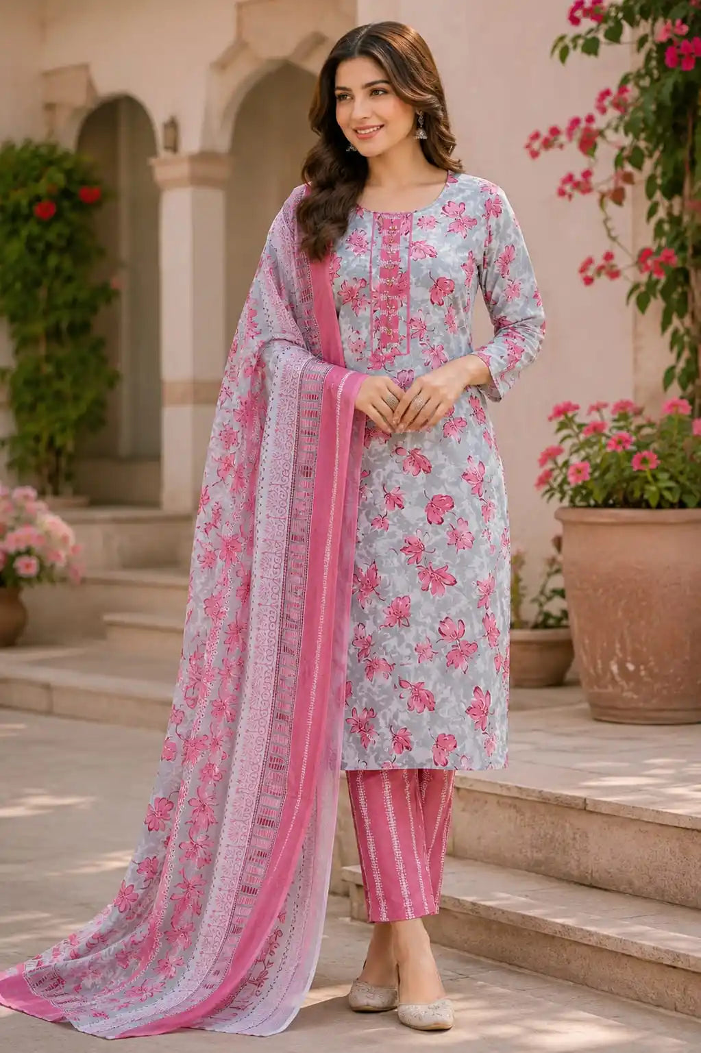 Elegant model showcasing a pink block print cotton pant set with floral dupatta and straight-cut top in a garden backdrop.
