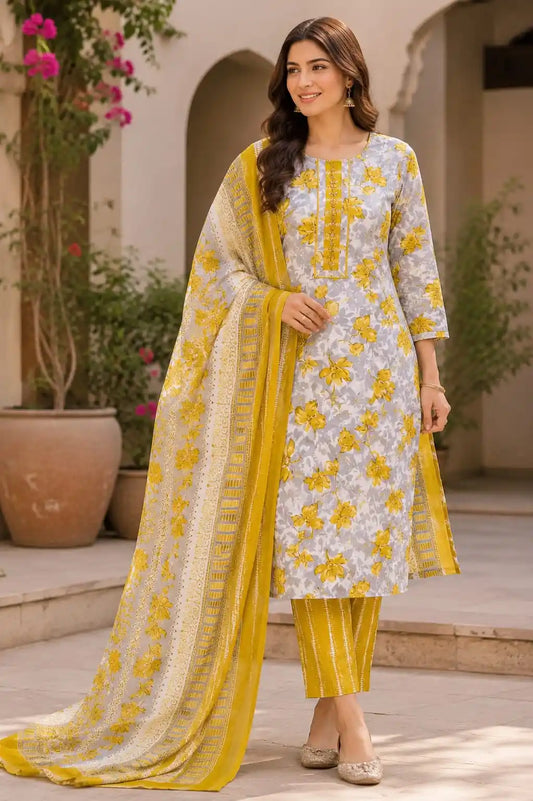 Yellow grey printed cotton pant set