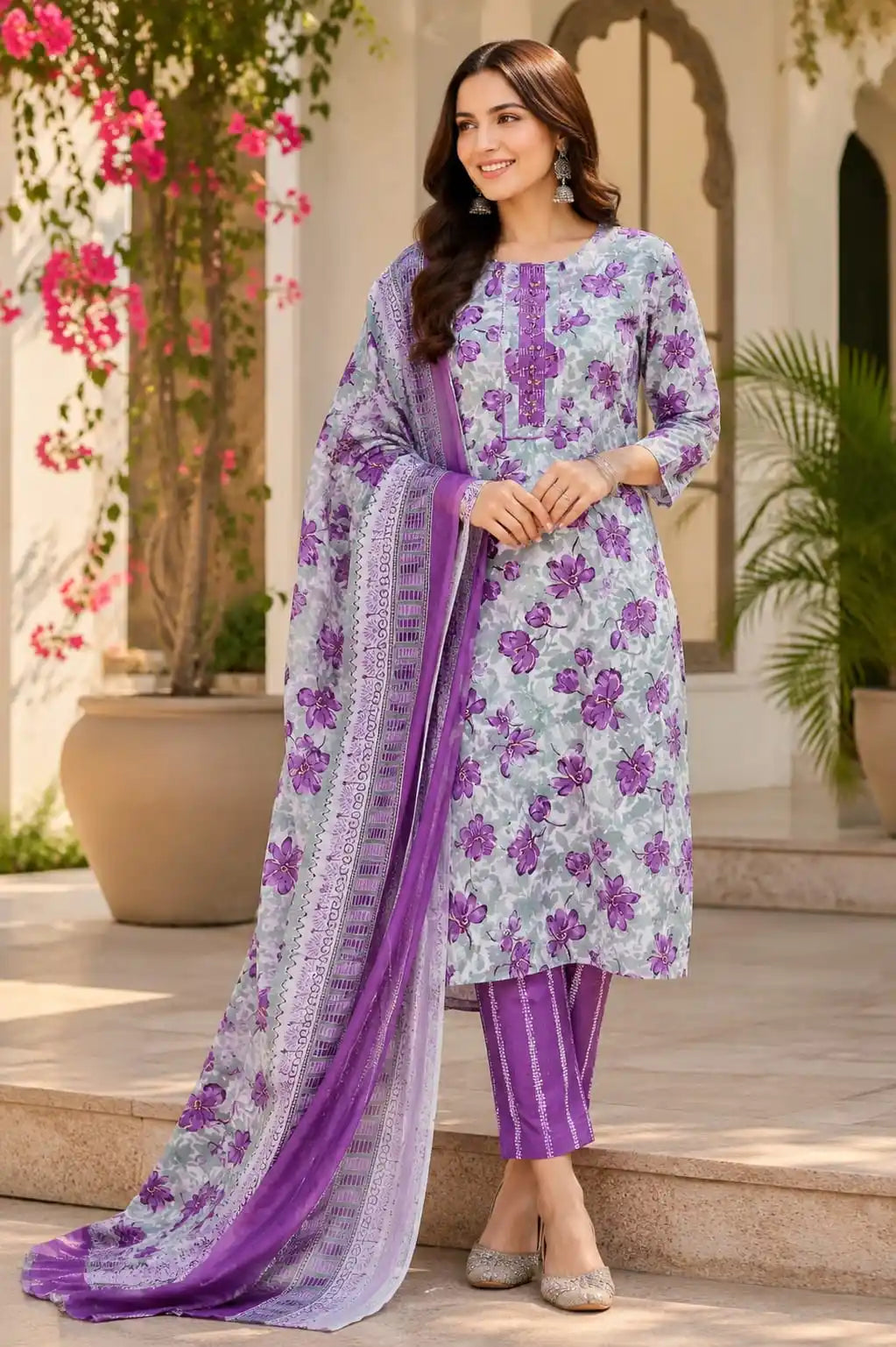 Purple stylish printed cotton pant set featuring a cotton top, straight pants, and a floral dupatta.