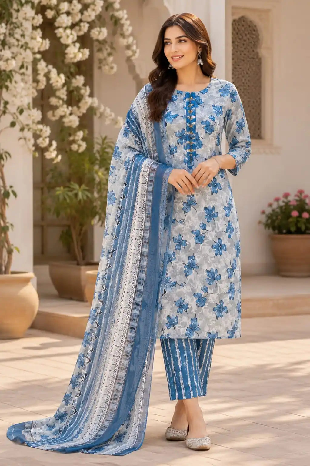 Blue classic block print pant set featuring a cotton top, straight pants, and a full-size printed dupatta.