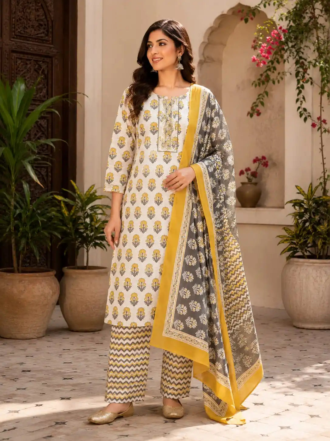 Yellow elegant buta print pant set