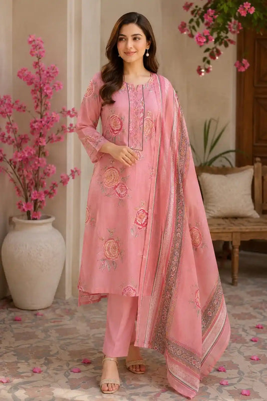 Pink traditional printed cotton pant set