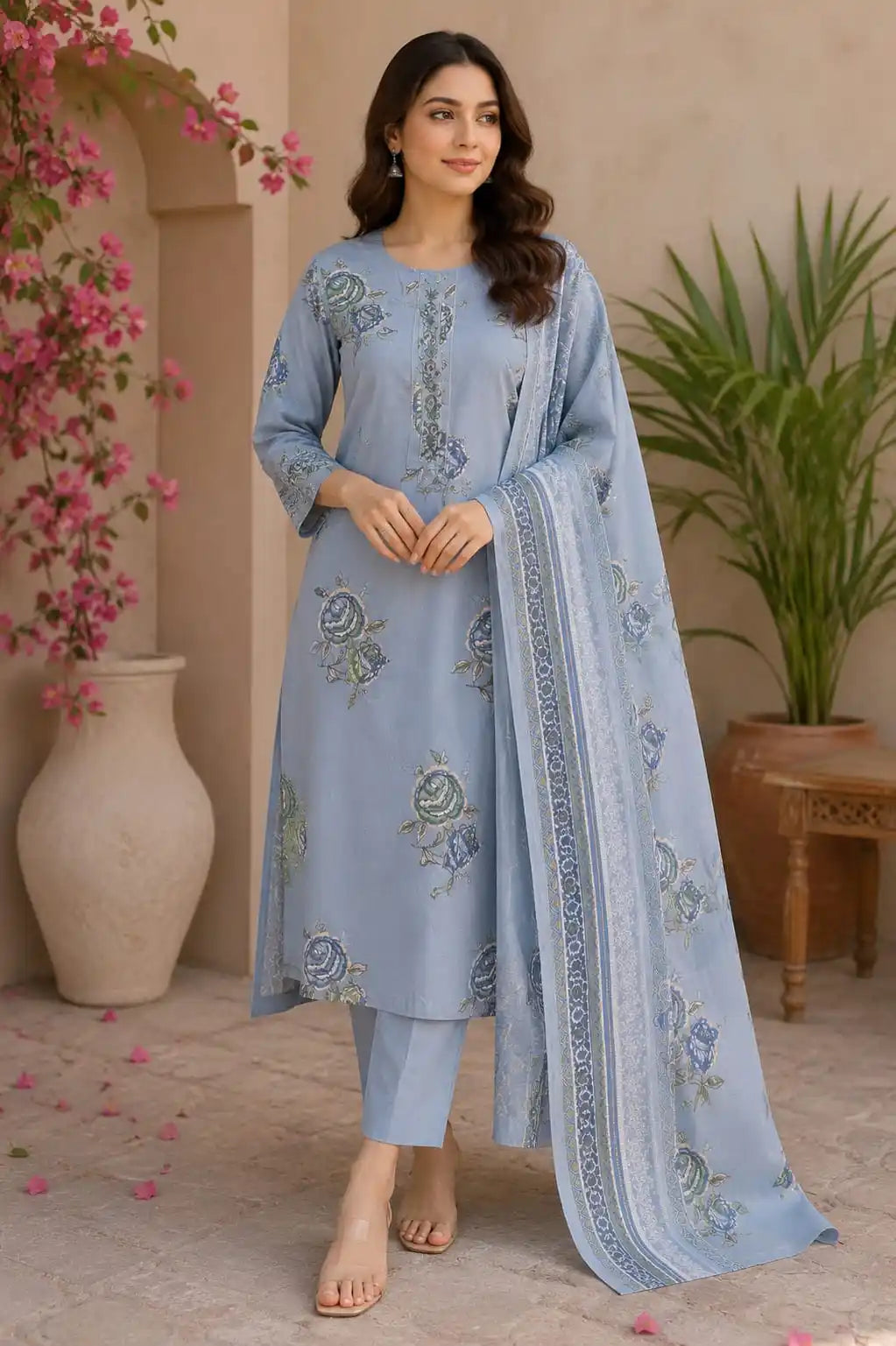 Blue classic printed cotton pant set featuring a straight cut top and full-size printed dupatta.