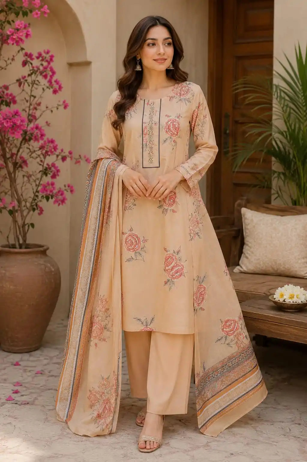 Peach ethnic cotton pant set featuring a printed top, straight pants, and a full-sized dupatta.