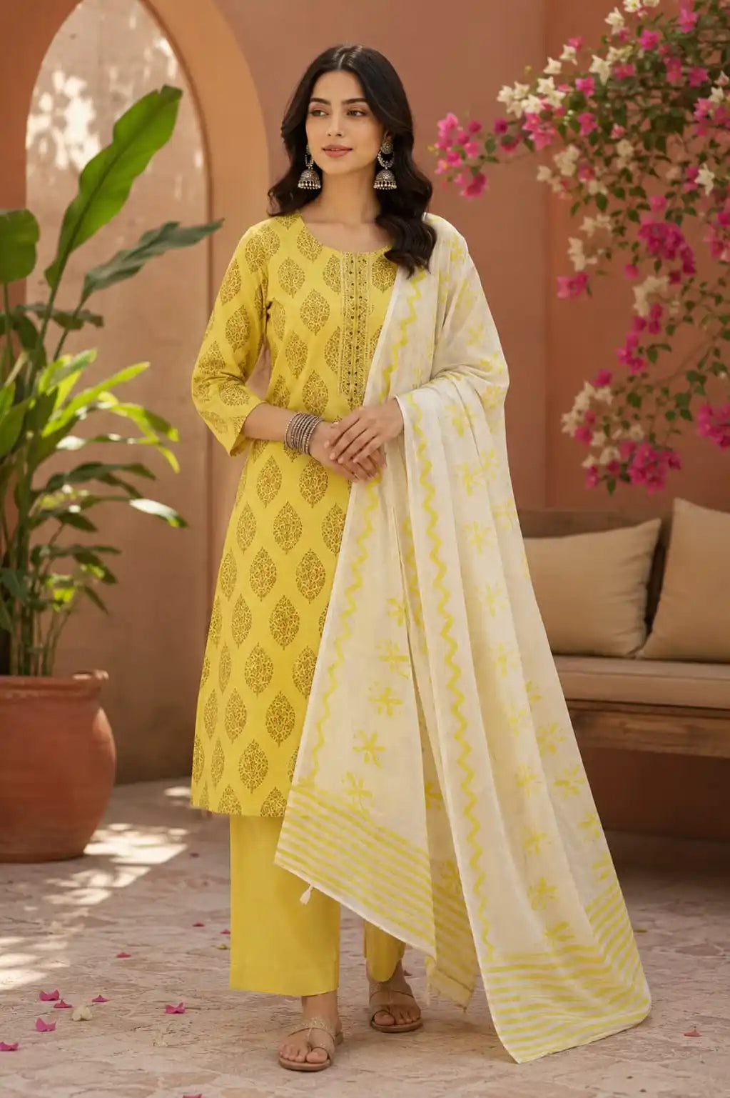 Mustard leaf print cotton pant set