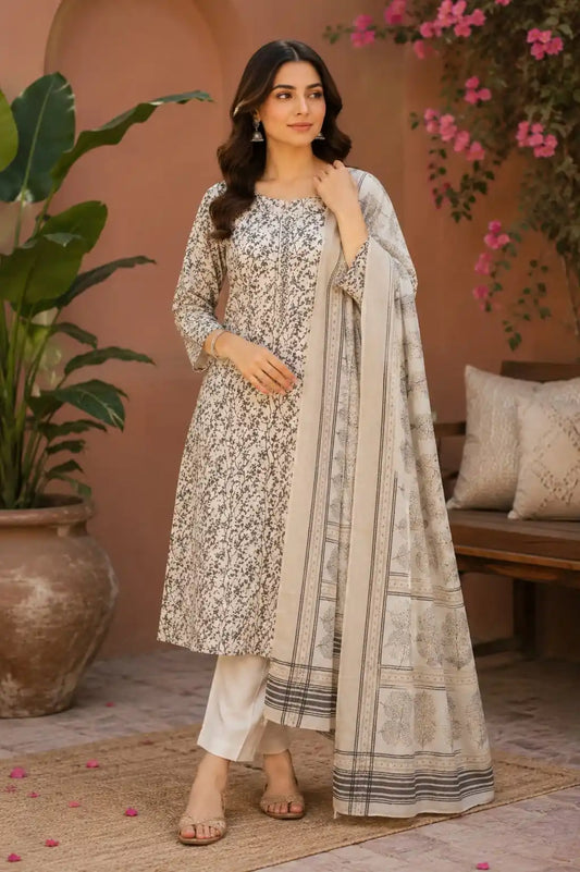 Cream printed cotton straight pant set