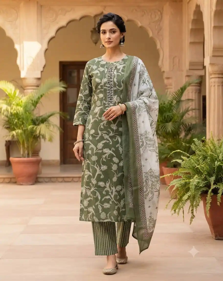 Olive green jaipuri print pant set featuring a straight cut top, straight pants, and a full-size printed dupatta.