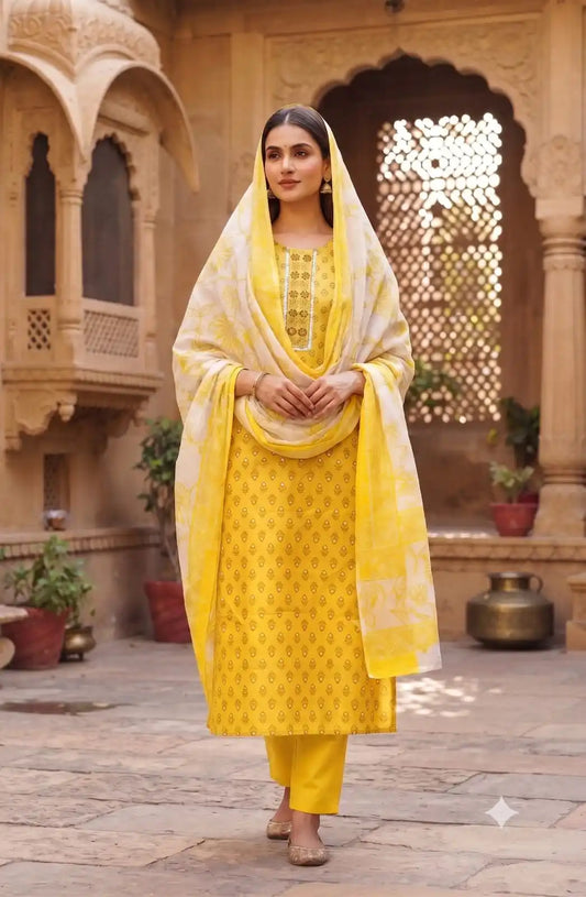 Yellow printed border cotton pant set