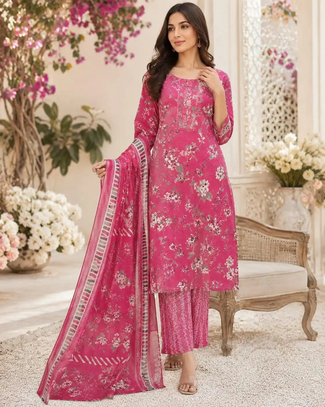Dark Pink ethnic print cotton pant set featuring a straight-cut top, matching straight pants, and a printed dupatta.