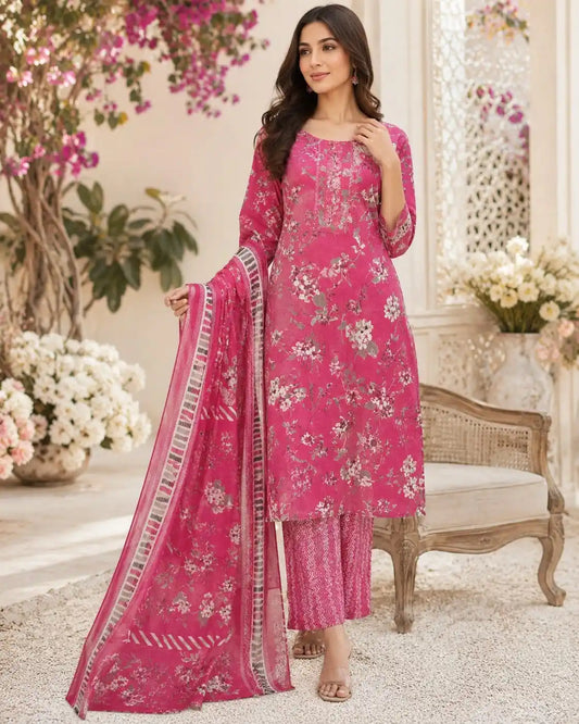 Dark Pink ethnic print cotton pant set