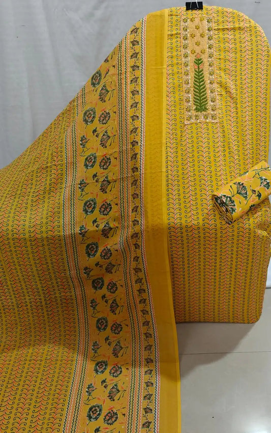 Mustard Yellow Cotton Unstitched Dress Material By ASC
