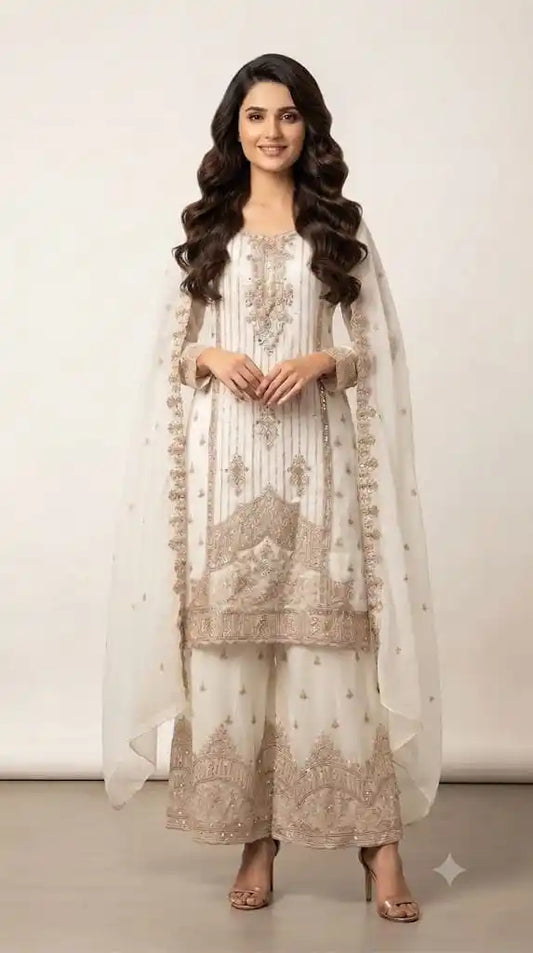 Women's Russian Plazzo Heavy Embroidered Readymade Cream Designer Suit With Dupatta by ASC Fashion Store
