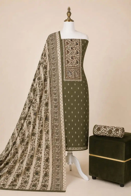 Olive Ajrakh Rayon Unstitched Suit By ASC