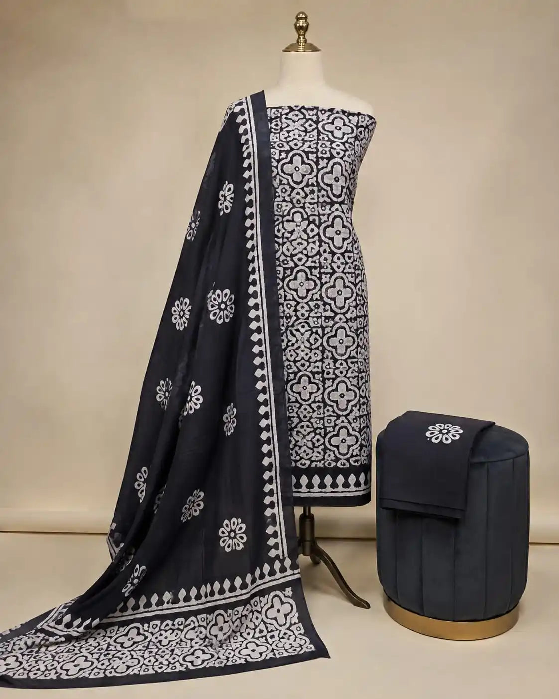Black Floral Batik Cotton Suit By ASC