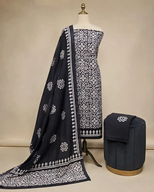 Black Floral Batik Cotton Suit By ASC