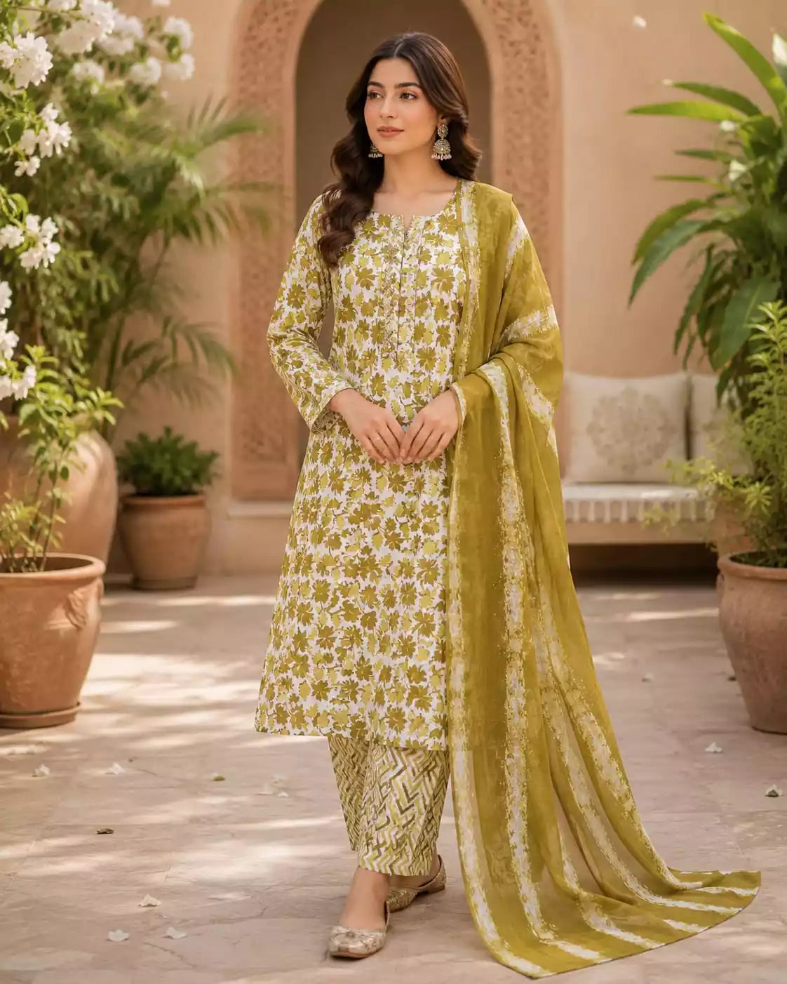 Olive zigzag cotton pant set featuring a floral top, straight pants, and a matching dupatta.