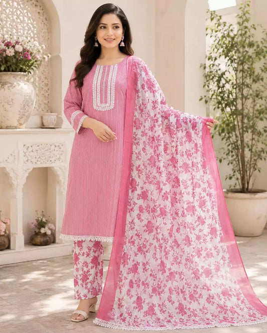 Pink embroidered straight crochet lace suit