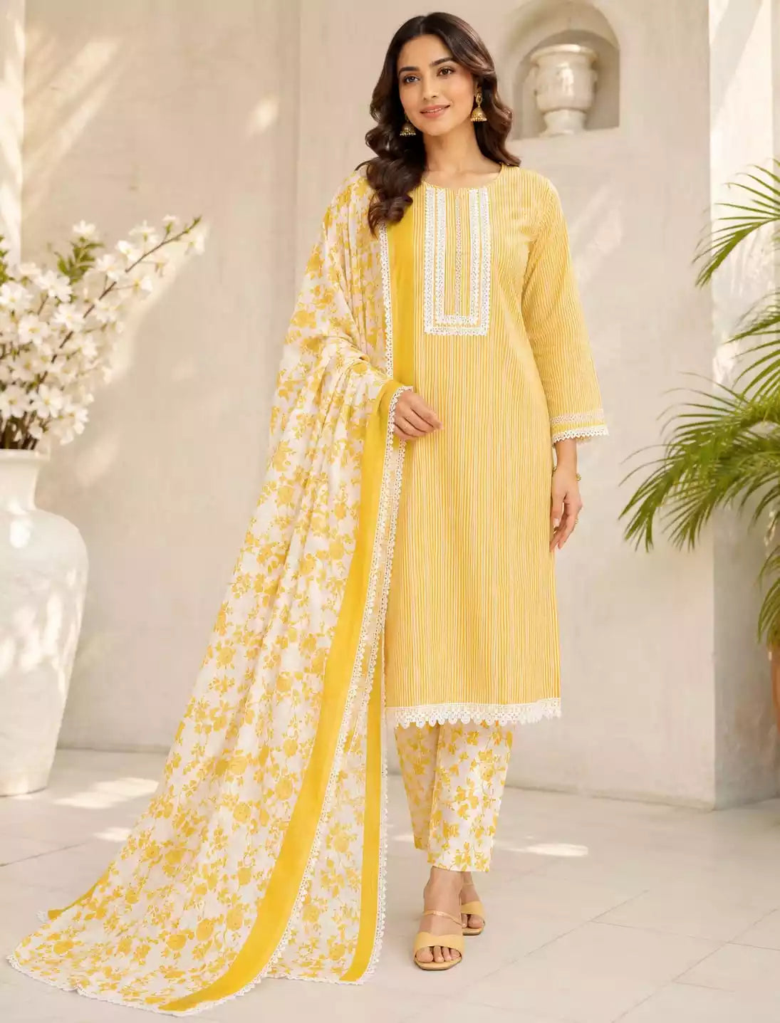 Yellow embroidered crochet lace suit showcased with a matching dupatta in a sunny ambiance.