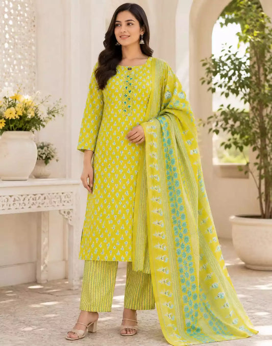 Yellow leaf print cotton pant set