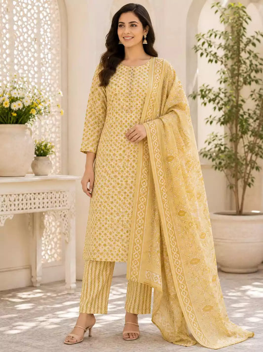 Yellow cotton embroidered straight suit set