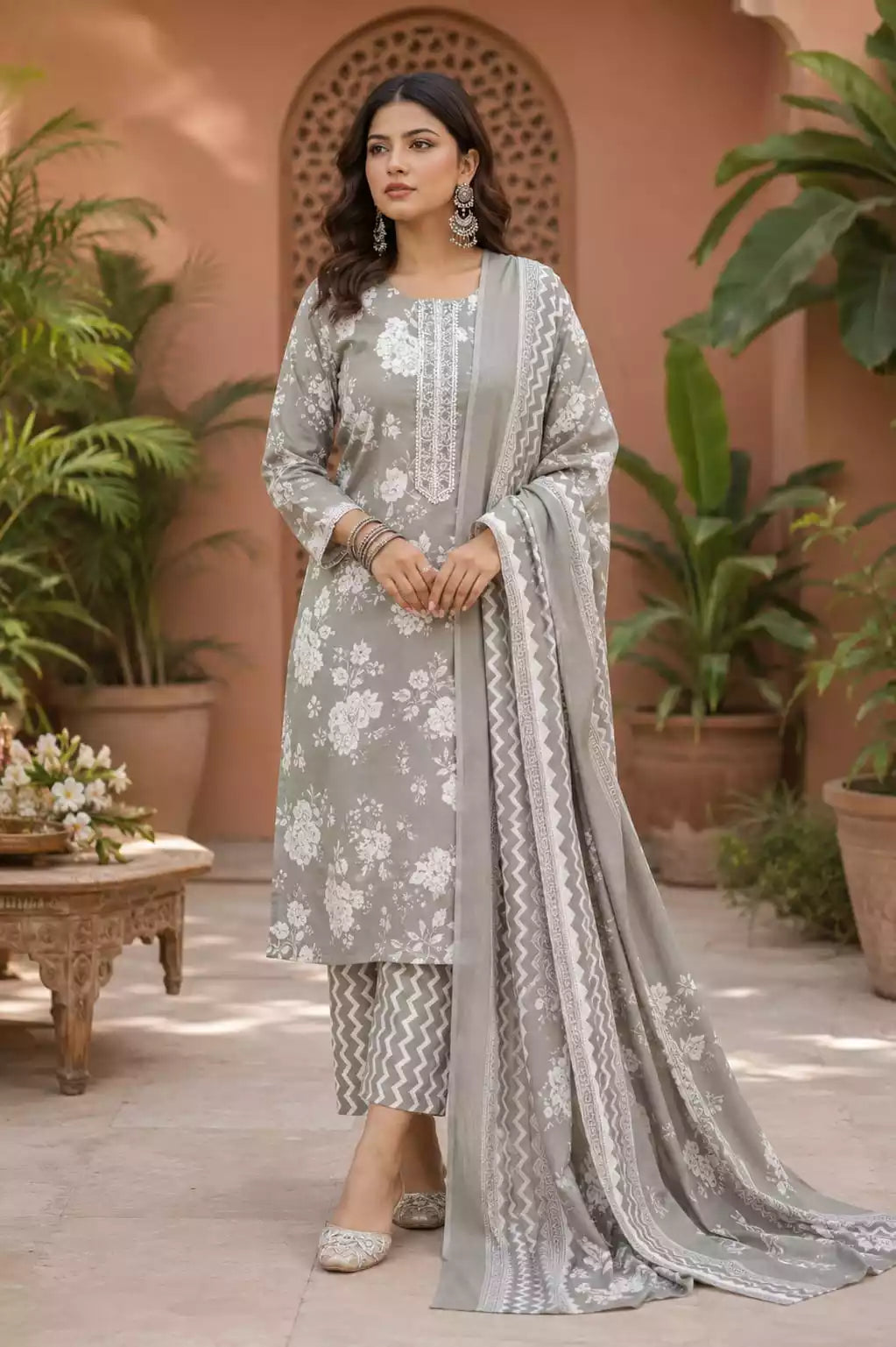 A woman models a light gray three-piece salwar kameez suit with white floral embroidery, matching patterned trousers, and a sheer dupatta with white border detailing, potted plants.