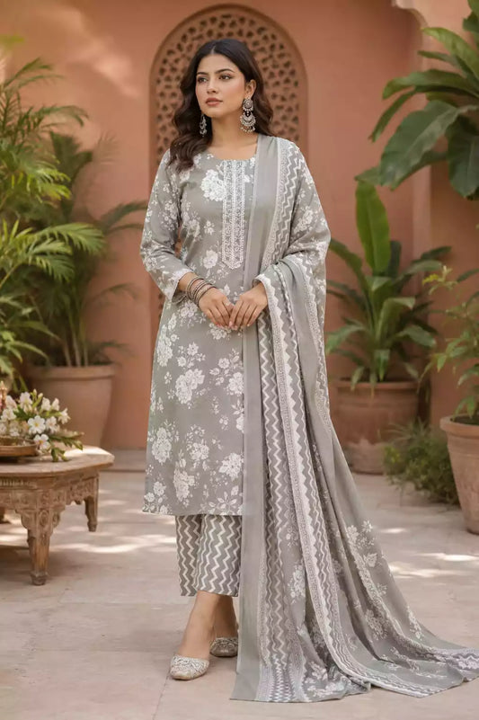 Grey jaipuri ethnic floral kurta set