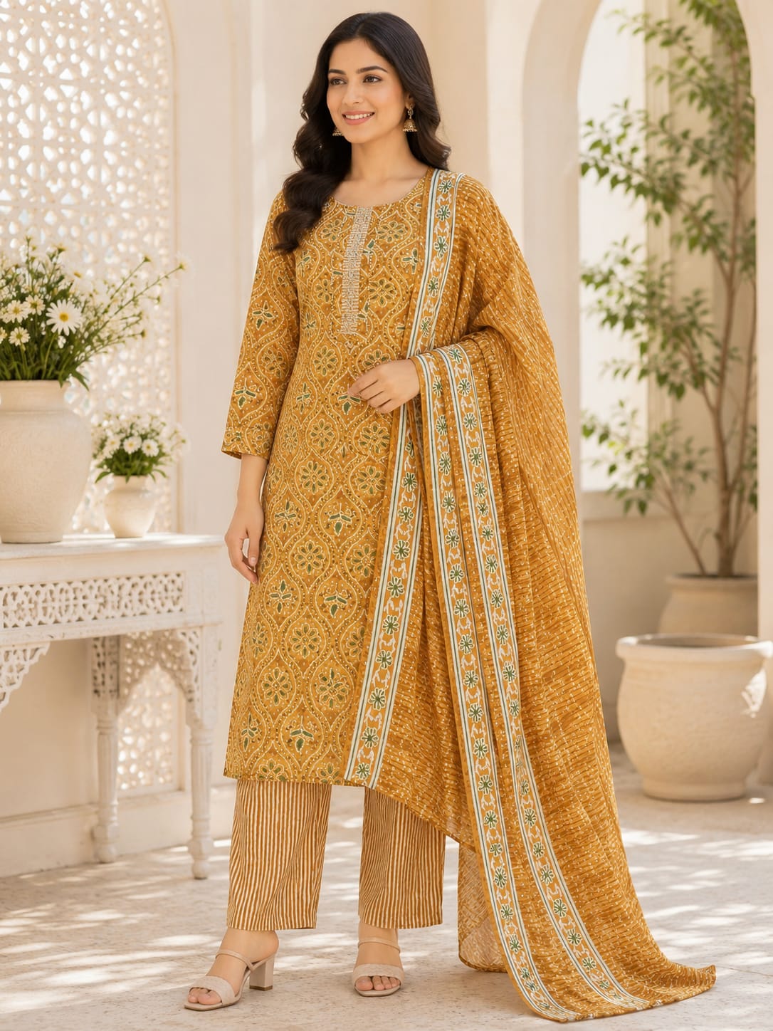 Orange printed ethnic cotton pant set