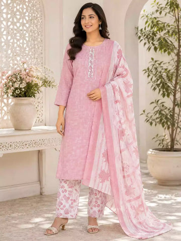 Peach printed cotton straight pant set